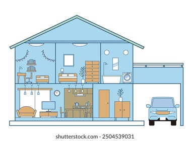 Simple house, detached house, cross-section illustration, 2 floors, white background. Parking lot and car.