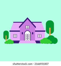 simple house exterior vector illustration, flat design, with plants isolated on white background, full color