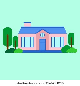 simple house exterior vector illustration, flat design, with plants isolated on white background, full color