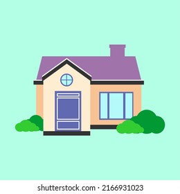 simple house exterior vector illustration, flat design, with plants isolated on white background, full color