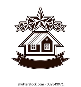 Simple house with five classic stars and curvy ribbon. VIP apartment conceptual vector icon. Reward idea, decorative design element.