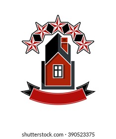 Simple house with five stars and classic ribbon. VIP apartment conceptual vector icon. Aristocratic building, decorative design element.

