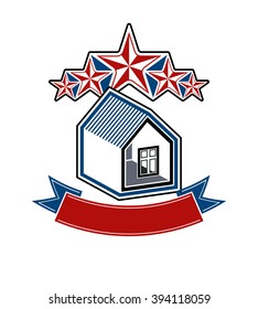 Simple house with five stars and classic ribbon. VIP apartment conceptual vector icon. Aristocratic building, decorative design element.