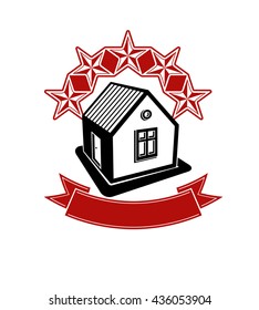 Simple house with five stars and classic ribbon. VIP apartment conceptual icon. Aristocratic building, decorative vector design element.