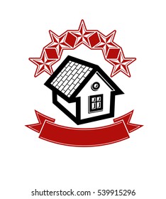 Simple house with five stars and classic ribbon. VIP apartment conceptual vector icon. Aristocratic building, decorative design element.