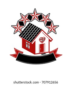 Simple house with five stars and classic ribbon. VIP apartment conceptual icon. Aristocratic building, decorative vector design element.