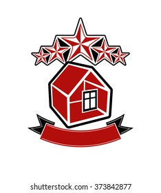 Simple house with five stars and red ribbon. VIP apartment conceptual vector icon. Decorative design element.