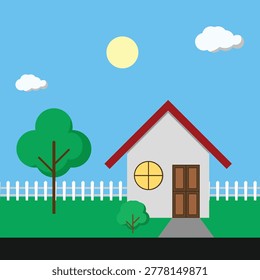 simple house flat design illustration with trees fence and sunny outdoor scenery