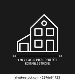 Simple house with garage pixel perfect white linear icon for dark theme. Two story family home. Real estate. Detached building. Thin line illustration. Isolated symbol for night mode. Editable stroke