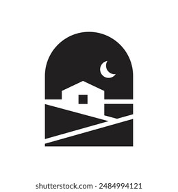 simple house in the hills at night with the moon above logo vector