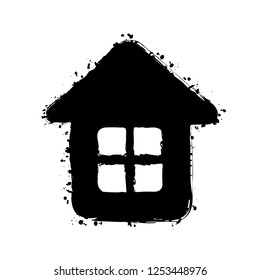 Simple house icon. Black ink with splashes on white background