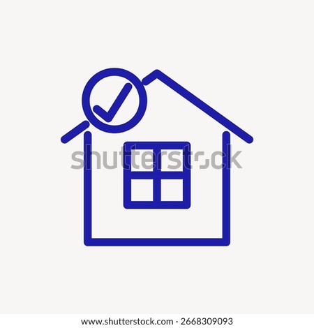 Simple house icon with a checkmark. Blue house outline, checkmark inside a circle. House symbol, checkmark, blue color. Minimalist design, house icon. Colorful icon illustration vector.
