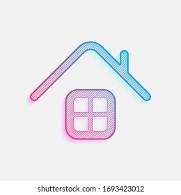 Simple house icon. Colored logo with diagonal lines and blue-red gradient. Neon graphic, light effect