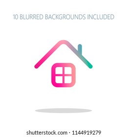 Simple house icon. Colorful logo concept with simple shadow on white. 10 different blurred backgrounds included