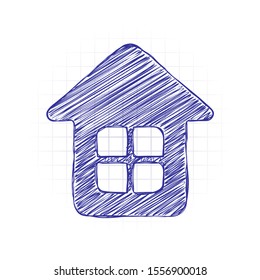 Simple house icon. Hand drawn sketched picture with scribble fill. Blue ink. Doodle on white background