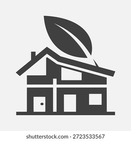 Icono de casa simple con una hoja en el techo, que simboliza la vida ecológica y la arquitectura sostenible.