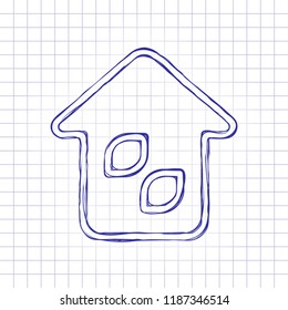 Simple house icon. Linear icon with thin outline. Hand drawn picture on paper sheet. Blue ink, outline sketch style. Doodle on checkered background