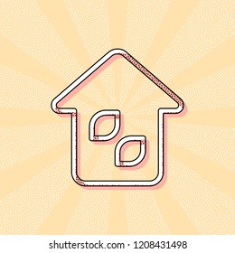 Simple house icon. Linear icon with thin outline. Vintage retro typography with offset printing effect. Dots poster with comics pop art background