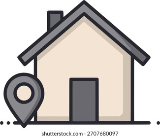 Icono simple de la casa con un pin de ubicación del mapa, que representa la búsqueda de la casa, la ubicación de bienes raíces o la Dirección de la propiedad.