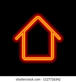 Simple house icon. Orange neon style on black background. Light icon