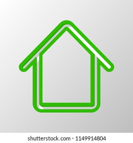Simple house icon. Paper style. Cut symbol with green bold contour on shape and simple shadow