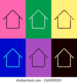 Simple house icon. Pop art style. Scratched icons on 6 colour backgrounds. Seamless pattern