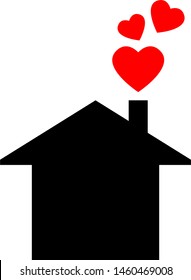 Simple House Icon with Red Hearts Coming Out of Its Chimney. Vector Image.