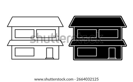 Simple house icon set with outline and solid black silhouette versions. Two-story building vector illustration for real estate or business.
