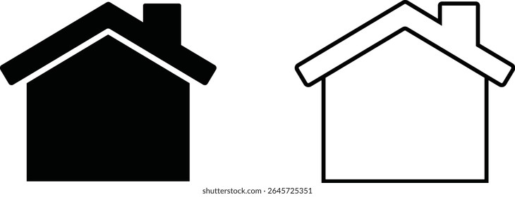 Simple house icon set showing filled and outlined versions of a house with chimney