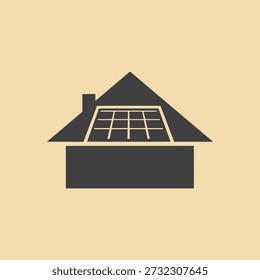 Simple house icon with solar panel on roof, minimalist design, dark gray and beige colors
