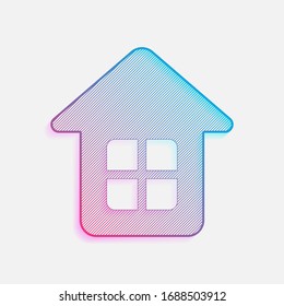Simple house icon. Technology logo with diagonal lines and colored gradient. Neon graphic, light effect. Blue and red colors