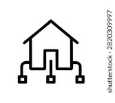 Simple house icon with three electrical outlets connected to circuit lines