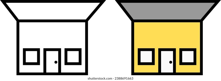 Simple house icon vector illustration with colors and no color, house with trapezoid roof, unique house, no background.