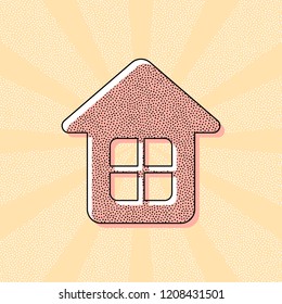Simple house icon. Vintage retro typography with offset printing effect. Dots poster with comics pop art background