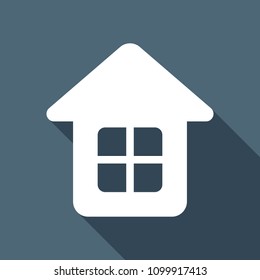 Simple house icon. White flat icon with long shadow on background