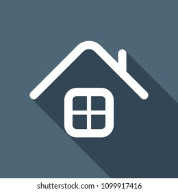Simple house icon. White flat icon with long shadow on background