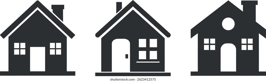 Simple House Icons. Home, Residence, Building, Design, Structure, Shelter, Property,
Real Estate. Three Simple House Icons on a White Background