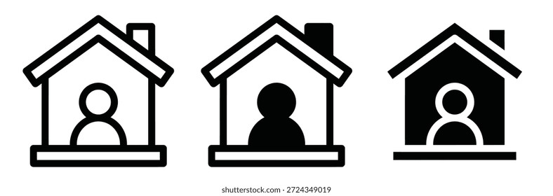 Iconos simples de la casa con las personas adentro para los conceptos inmobiliarios, conjunto de iconos caseros del Botón. Icono de la página de inicio. Símbolos simples de la casa. Icono de construcción. Ilustración vectorial.,