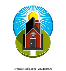 Simple house illustration with a pathway leading to it. Family harmony at home, love and relationship idea. Building with a heart symbol.