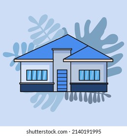 Simple house isolated vector. Blue theme color, black stroke, leaf shape background. Single urban residence vector illustration.