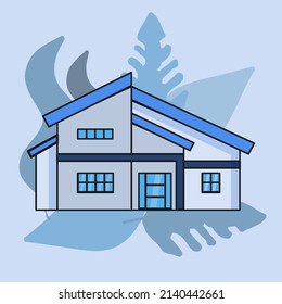 Simple house isolated vector. Blue theme color, black stroke, leaf shape background. Single urban residence vector illustration.