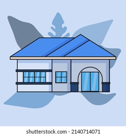 Simple house isolated vector. Blue theme color, black stroke, leaf shape background. Single urban residence vector illustration.