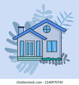 Einfaches Haus, einzelne Vektorgrafik. Blaue Motivfarbe, schwarzer Schlaganfall, blattförmiger Hintergrund. Einzelne urbane Residenz, Vektorgrafik.