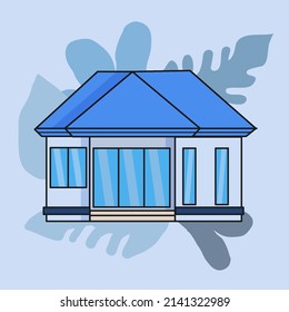 Simple house isolated vector. Blue theme color, black stroke, leaf shape background. Single urban residence vector illustration.
