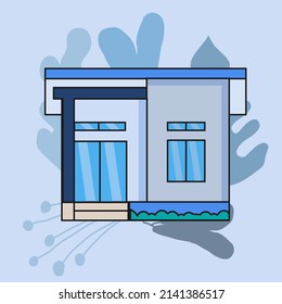 Simple house isolated vector. Blue theme color, black stroke, leaf shape background. Single urban residence vector illustration.