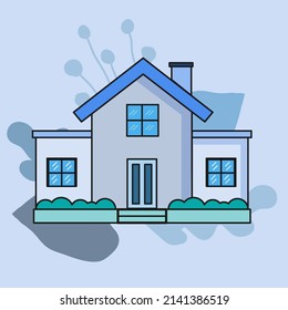 Simple house isolated vector. Blue theme color, black stroke, leaf shape background. Single urban residence vector illustration.