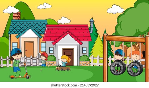A simple house with kids in nature background illustration