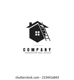 casa simple con diseño de logo de escalera, concepto de logo de reparación de negocios creativos inmobiliarios, plantilla vectorial de reparación de tejados en blanco y negro