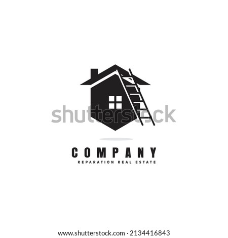 simple house with ladder logo design, creative business reparation real estate logo concept, black and white roofing repairs vector template