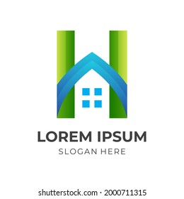 casa sencilla, letra H y casa, logotipo combinado con estilo 3d colorido 